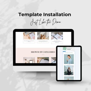 Peut inclure: Un écran d'ordinateur et une tablette affichent un site Web avec le texte "Template Installation Just Like the Demo" et une section intitulée "Browse by Categories". Le site Web présente des images de divers produits numériques, notamment un planificateur numérique, un carnet numérique et un journal numérique.