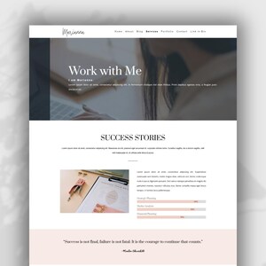 May include: A website screenshot showing a woman working on a laptop. The website is for a business called "Marianna" and offers services such as "Work with Me" and "Success Stories". The website has a clean and modern design with a white background and black text.