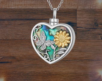 Butterfly Sunflower Heart Urn Necklace For Women 925 Sterling Silver Keepsake Jewelry Urn Necklace