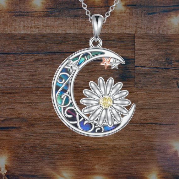 Daisy Flower Moon Necklace 925 Sterling Silver Abalone Shell Jewelry for  Women