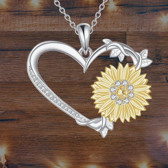 Sunflower Heart Necklace 925 Sterling Silver Heart Sunflower