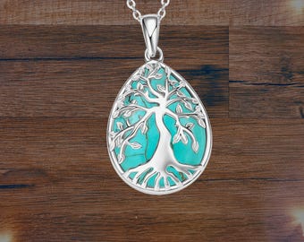 Levensboom turkoois ketting voor dames 925 sterlingzilveren druppelketting