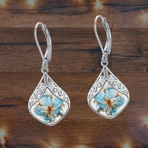 Flower Earrings Sterling Silver Blue Flower Dangle Drop Forget Me Not Earrings Jewelry for Women