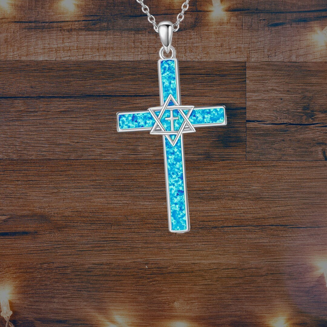 Diamond Cross Necklace with Created Rainbow Opal Inlay Diamond Cross Necklace with Created Rainbow Opal Inlay