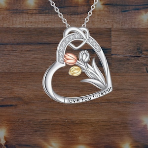 Tulip Flower Love Heart Necklace 925 Sterling Silver Tulip I love You Necklace For Women