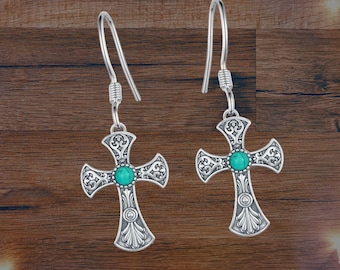 Turquoise Cross Earrings For Women Sterling Silver Christian Earrings