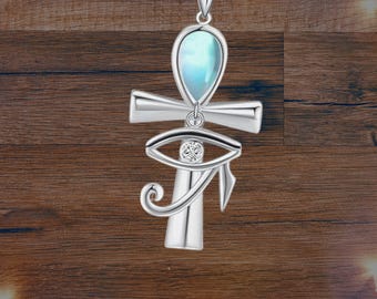 925 Sterling Silver Moonstone Ankh Eye Necklace Ankh Protection Goddess Bastet Pendant Ancient Egyptian