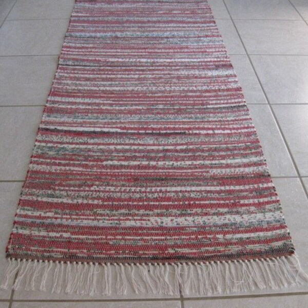 Handwoven Red, White, Specks of Green Rag Rugs 25x 75