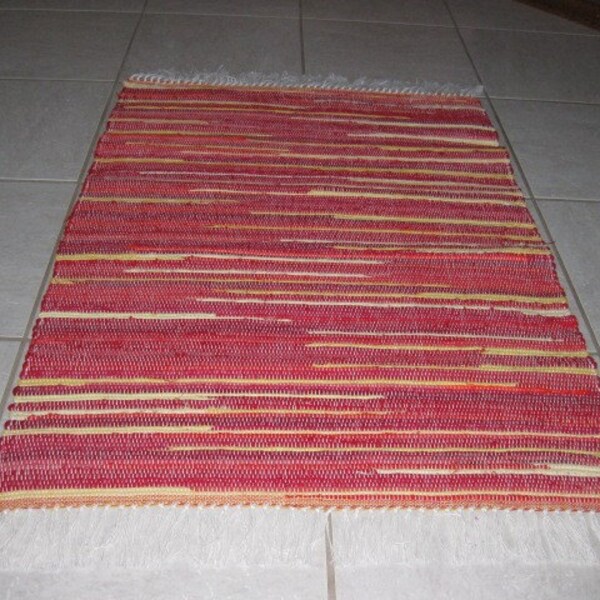 Handwoven Red and Yellow Rag Rug 25 x 52