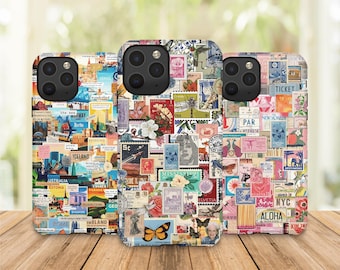 May include: Three colorful phone cases with a collage of vintage postage stamps featuring various destinations, including Iceland, Australia, and New York City.