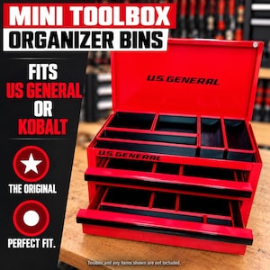 May include: A bright red metal toolbox with an open lid and two extended drawers, featuring black plastic organizer bins inside. The text U.S. GENERAL is printed on the lid and the front of the toolbox. The image includes text: MINI TOOLBOX ORGANIZER BINS, FITS US GENERAL OR KOBALT, THE ORIGINAL, PERFECT FIT.