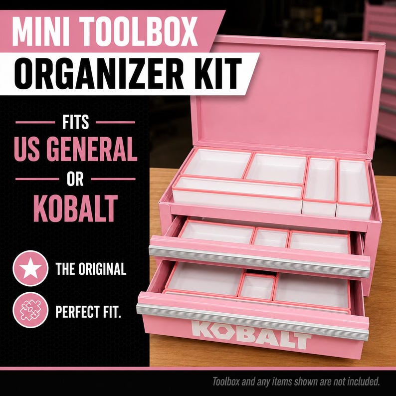 Premium 3D printed mini toolbox organizers. Fits both Kobalt and Harbor Freight/US General mini toolboxes. Perfect for mechanics, tools, crafts, R/C, cosmetics, jewelry, small parts, and more! Maximizes the storage space in your mini toolbox with bins that wont move around or become disorganized. Many color combinations are available. Reach out to us for any custom color combinations. Looks great on your workbench and puts your items within reach.
