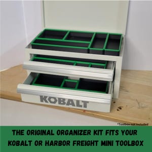 Premium 3D printed mini toolbox organizers. Fits both Kobalt and Harbor Freight/US General mini toolboxes. Perfect for mechanics, tools, crafts, R/C, cosmetics, jewelry, small parts, and more! Maximizes the storage space in your mini toolbox with bins that wont move around or become disorganized. Many color combinations are available. Reach out to us for any custom color combinations. Looks great on your workbench and puts your items within reach.