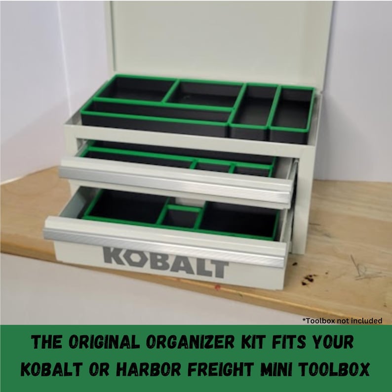 Premium 3D printed mini toolbox organizers. Fits both Kobalt and Harbor Freight/US General mini toolboxes. Perfect for mechanics, tools, crafts, R/C, cosmetics, jewelry, small parts, and more! Maximizes the storage space in your mini toolbox with bins that wont move around or become disorganized. Many color combinations are available. Reach out to us for any custom color combinations. Looks great on your workbench and puts your items within reach.