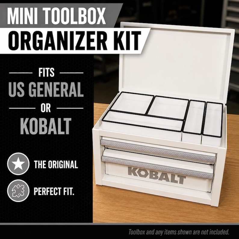 Premium 3D printed mini toolbox organizers. Fits both Kobalt and Harbor Freight/US General mini toolboxes. Perfect for mechanics, tools, crafts, R/C, cosmetics, jewelry, small parts, and more! Maximizes the storage space in your mini toolbox with bins that wont move around or become disorganized. Many color combinations are available. Reach out to us for any custom color combinations. Looks great on your workbench and puts your items within reach.