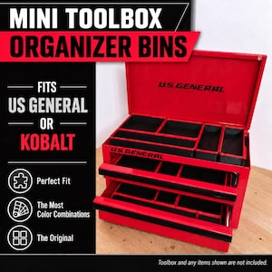 May include: A red metal toolbox with an open lid and two extended drawers, featuring black interior organizer bins. The text on the toolbox reads U.S. GENERAL. The surrounding graphic text includes MINI TOOLBOX ORGANIZER BINS, FITS US GENERAL OR KOBALT, Perfect Fit, The Most Color Combinations, and The Original.