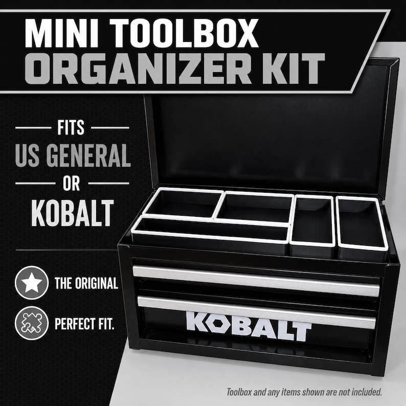 Premium 3D printed mini toolbox organizers. Fits both Kobalt and Harbor Freight/US General mini toolboxes. Perfect for mechanics, tools, crafts, R/C, cosmetics, jewelry, small parts, and more! Maximizes the storage space in your mini toolbox with bins that wont move around or become disorganized. Many color combinations are available. Reach out to us for any custom color combinations. Looks great on your workbench and puts your items within reach.
