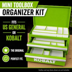 Premium 3D printed mini toolbox organizers. Fits both Kobalt and Harbor Freight/US General mini toolboxes. Perfect for mechanics, tools, crafts, R/C, cosmetics, jewelry, small parts, and more! Maximizes the storage space in your mini toolbox with bins that wont move around or become disorganized. Many color combinations are available. Reach out to us for any custom color combinations. Looks great on your workbench and puts your items within reach.