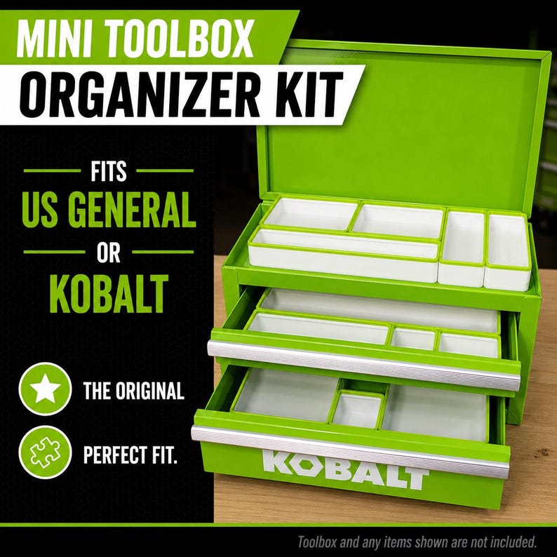 Premium 3D printed mini toolbox organizers. Fits both Kobalt and Harbor Freight/US General mini toolboxes. Perfect for mechanics, tools, crafts, R/C, cosmetics, jewelry, small parts, and more! Maximizes the storage space in your mini toolbox with bins that wont move around or become disorganized. Many color combinations are available. Reach out to us for any custom color combinations. Looks great on your workbench and puts your items within reach.