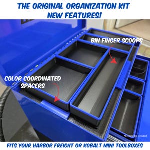 These are our most popular color combinations for your Kobalt or Harbor Freight mini toolboxes! The best Organization Kit for your Kobalt or Harbor Freight mini toolbox just got better!  New features include:  spacers to keep bins in place, new bin designs provide up to 33% more storage space, and finger scoops allow you to retrieve small parts easier. More color combinations than any other organizer kit. Custom color combinations also available.