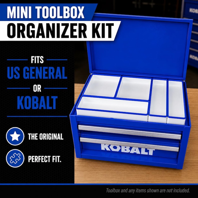 Premium 3D printed mini toolbox organizers. Fits both Kobalt and Harbor Freight/US General mini toolboxes. Perfect for mechanics, tools, crafts, R/C, cosmetics, jewelry, small parts, and more! Maximizes the storage space in your mini toolbox with bins that wont move around or become disorganized. Many color combinations are available. Reach out to us for any custom color combinations. Looks great on your workbench and puts your items within reach.