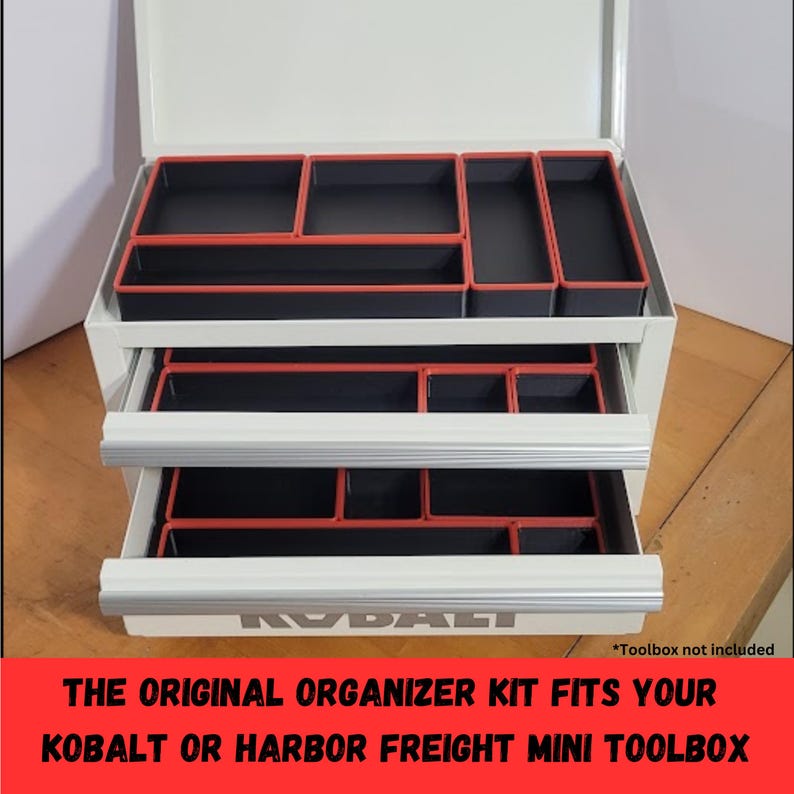 Premium 3D printed mini toolbox organizers. Fits both Kobalt and Harbor Freight/US General mini toolboxes. Perfect for mechanics, tools, crafts, R/C, cosmetics, jewelry, small parts, and more! Maximizes the storage space in your mini toolbox with bins that wont move around or become disorganized. Many color combinations are available. Reach out to us for any custom color combinations. Looks great on your workbench and puts your items within reach.