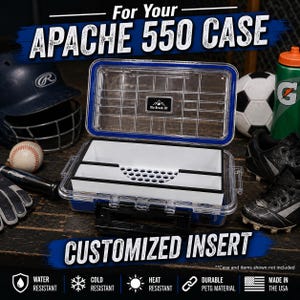 May include: Clear Apache 550 case with a blue trim and a customized white insert. The case is open, revealing the interior. Text on the image reads "For Your APACHE 550 CASE" and "CUSTOMIZED INSERT". The case is water, cold, and heat resistant.