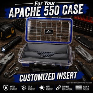 May include: Clear plastic Apache 550 case with a blue trim and a customized insert. The case is open, revealing a gray interior with dividers. Text on the image reads "For Your APACHE 550 CASE" and "CUSTOMIZED INSERT". The case is water, cold, and heat resistant.