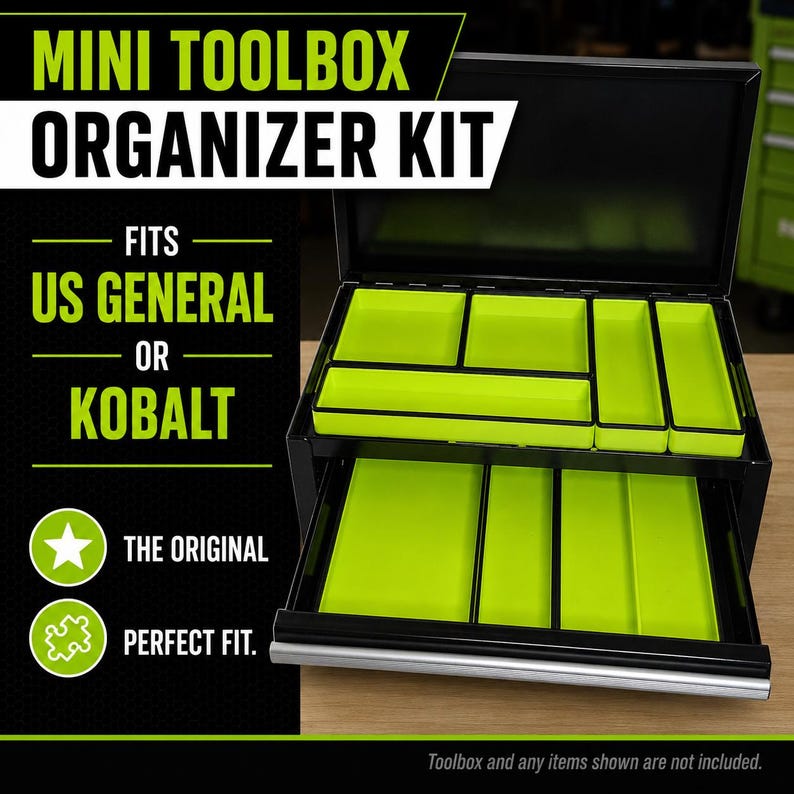 Premium 3D printed mini toolbox organizers. Fits both Kobalt and Harbor Freight/US General mini toolboxes. Perfect for mechanics, tools, crafts, R/C, cosmetics, jewelry, small parts, and more! Maximizes the storage space in your mini toolbox with bins that wont move around or become disorganized. Many color combinations are available. Reach out to us for any custom color combinations. Looks great on your workbench and puts your items within reach.