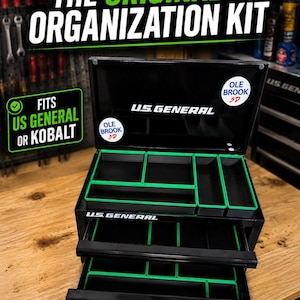 May include: Black organization kit with green accents, featuring the text "THE ORIGINAL ORGANIZATION KIT" and "U.S. GENERAL". The kit is designed to fit US General or Kobalt toolboxes. The open drawers reveal multiple compartments.