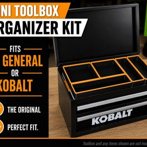 Premium 3D printed mini toolbox organizers. Fits both Kobalt and Harbor Freight/US General mini toolboxes. Perfect for mechanics, tools, crafts, R/C, cosmetics, jewelry, small parts, and more! Maximizes the storage space in your mini toolbox with bins that wont move around or become disorganized. Many color combinations are available. Reach out to us for any custom color combinations. Looks great on your workbench and puts your items within reach.