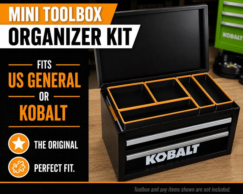 Premium 3D printed mini toolbox organizers. Fits both Kobalt and Harbor Freight/US General mini toolboxes. Perfect for mechanics, tools, crafts, R/C, cosmetics, jewelry, small parts, and more! Maximizes the storage space in your mini toolbox with bins that wont move around or become disorganized. Many color combinations are available. Reach out to us for any custom color combinations. Looks great on your workbench and puts your items within reach.