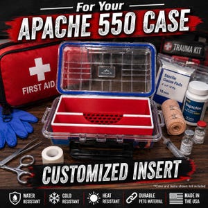 May include: Clear plastic case with a red interior, labeled "APACHE 550 CASE" and "CUSTOMIZED INSERT". The case contains first aid supplies, including gauze pads, ibuprofen, and a trauma kit. The case is water, cold, and heat resistant, made in the USA.