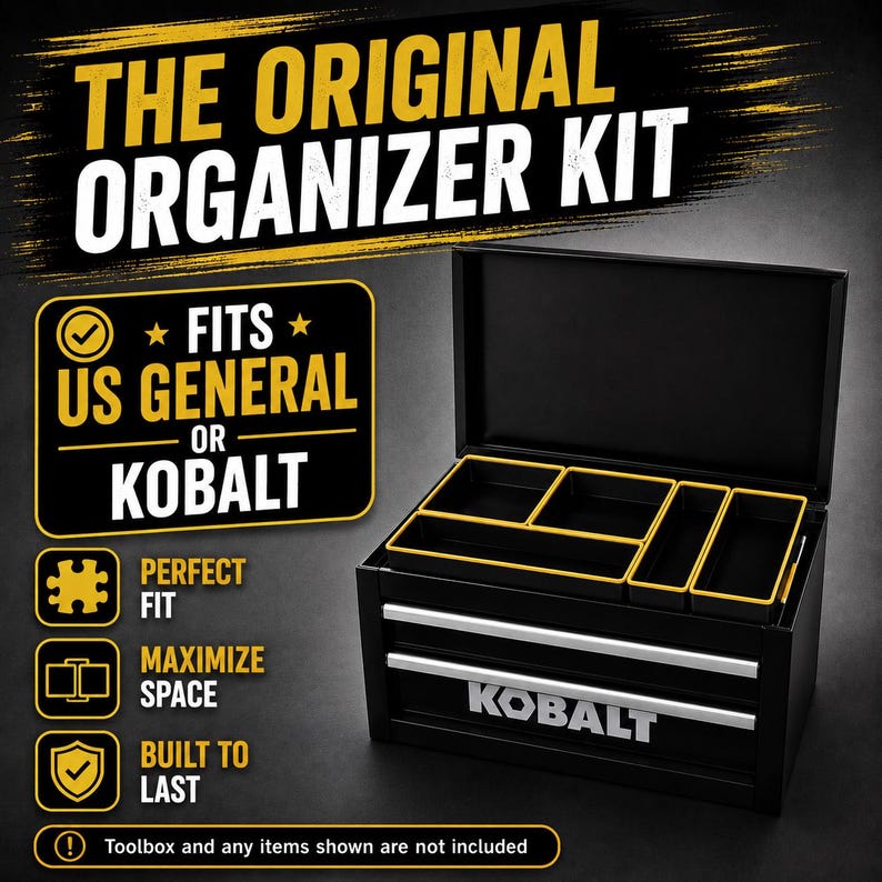 Premium 3D printed mini toolbox organizers. Fits both Kobalt and Harbor Freight/US General mini toolboxes. Perfect for mechanics, tools, crafts, R/C, cosmetics, jewelry, small parts, and more! Maximizes the storage space in your mini toolbox with bins that wont move around or become disorganized. Many color combinations are available. Reach out to us for any custom color combinations. Looks great on your workbench and puts your items within reach.