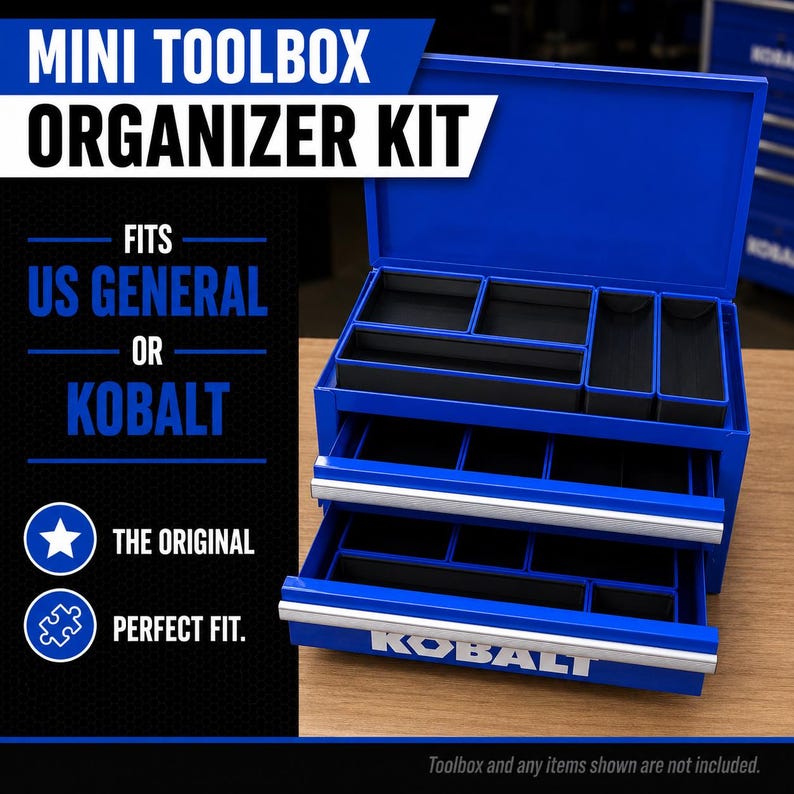 Premium 3D printed mini toolbox organizers. Fits both Kobalt and Harbor Freight/US General mini toolboxes. Perfect for mechanics, tools, crafts, R/C, cosmetics, jewelry, small parts, and more! Maximizes the storage space in your mini toolbox with bins that wont move around or become disorganized. Many color combinations are available. Reach out to us for any custom color combinations. Looks great on your workbench and puts your items within reach.