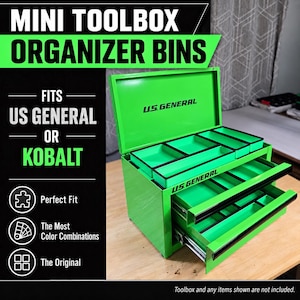 May include: A bright green metal toolbox with an open lid and two extended drawers. The interior features multiple rectangular organizer bins. The text on the toolbox reads U.S. GENERAL. The image includes text stating MINI TOOLBOX ORGANIZER BINS.