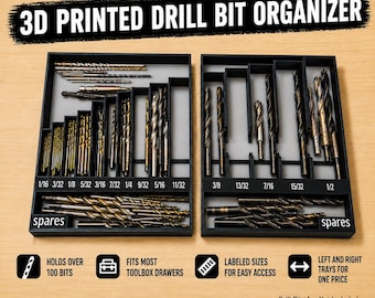 May include: A black 3D printed drill bit organizer consisting of two rectangular trays with labeled slots for drill bits ranging from 1/16 to 1/2 inches, including dedicated sections for spares. The text 3D PRINTED DRILL BIT ORGANIZER is at the top.