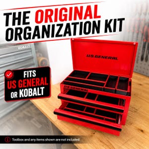 May include: A red US GENERAL organization kit with black interior compartments and drawers. The text "THE ORIGINAL ORGANIZATION KIT" is at the top. A sign reads "FITS US GENERAL OR KOBALT".