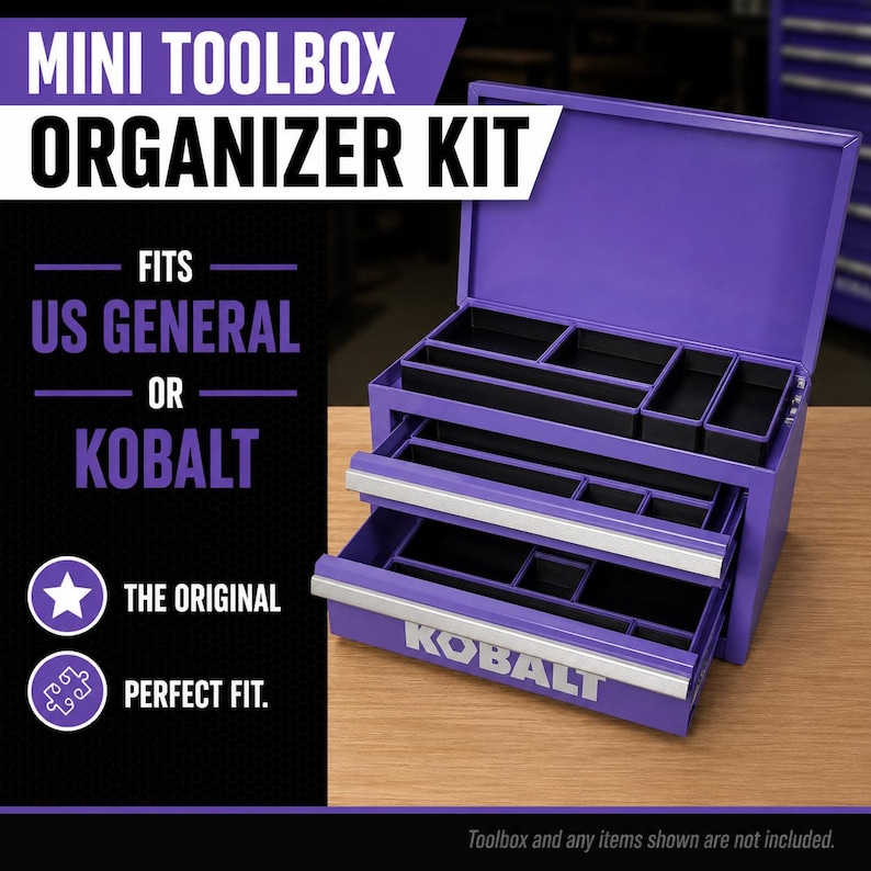 Premium 3D printed mini toolbox organizers. Fits both Kobalt and Harbor Freight/US General mini toolboxes. Perfect for mechanics, tools, crafts, R/C, cosmetics, jewelry, small parts, and more! Maximizes the storage space in your mini toolbox with bins that wont move around or become disorganized. Many color combinations are available. Reach out to us for any custom color combinations. Looks great on your workbench and puts your items within reach.