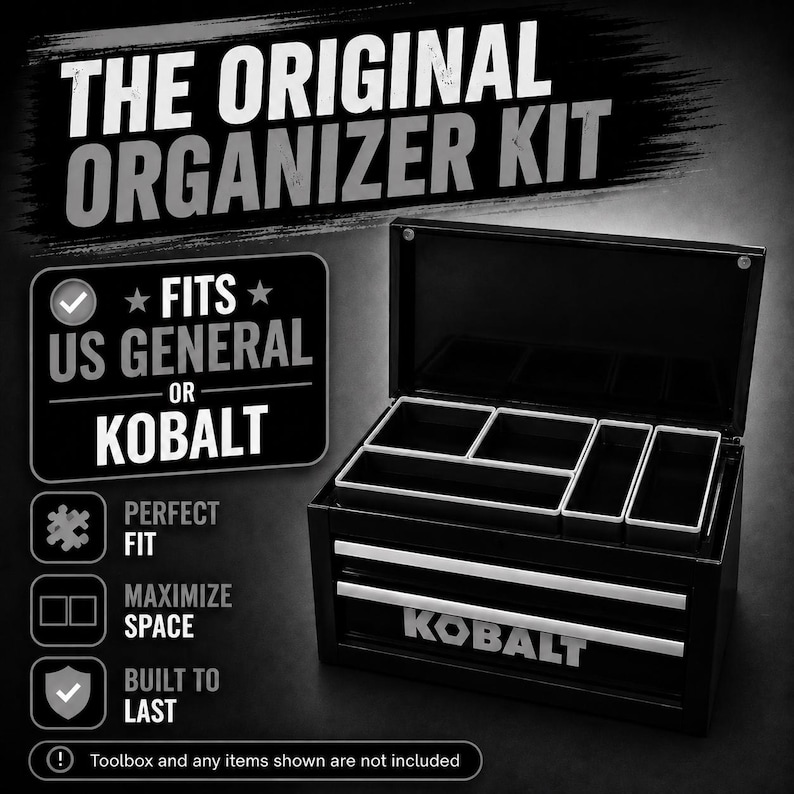 Premium 3D printed mini toolbox organizers. Fits both Kobalt and Harbor Freight/US General mini toolboxes. Perfect for mechanics, tools, crafts, R/C, cosmetics, jewelry, small parts, and more! Maximizes the storage space in your mini toolbox with bins that wont move around or become disorganized. Many color combinations are available. Reach out to us for any custom color combinations. Looks great on your workbench and puts your items within reach.