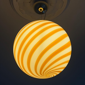 Murano Candy Glass Pendant Ceiling Lamp Yellow/White Swirl D:30 cm