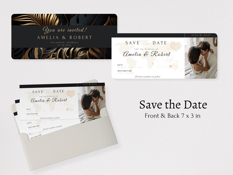 Travel-inspired wedding invitation suite with passport, boarding pass, and tag templates for printing.