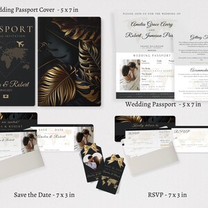 Wedding save the date and RSVP templates in a travel passport style for a unique and memorable celebration.
