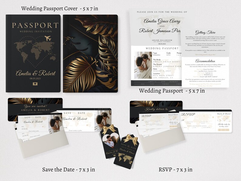 Wedding save the date and RSVP templates in a travel passport style for a unique and memorable celebration.