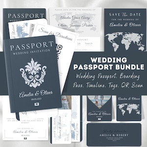 Modelo de convite de casamento com passaporte | Destination Wedding | Convite de passaporte | Cartões de RSVP | Salve a data | Cronograma do casamento