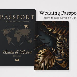 Editable wedding invitation bundle featuring a travel-themed passport design and matching boarding pass template.