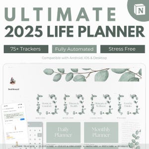 Può includere: Un'interfaccia di app di pianificatore digitale con uno schema di colori verde e bianco. L'app include un cruscotto, un pianificatore giornaliero, un pianificatore mensile e vari tracker. Il testo "ULTIMATE 2025 LIFE PLANNER" è visualizzato nella parte superiore dello schermo. L'app è compatibile con Android, iOS e desktop.