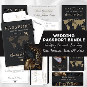 Modelo de convite de casamento com formato de passaporte | Casamento no destino | Convite para passaporte | Cartões de confirmação de presença | Reserve a data | Cronograma do casamento