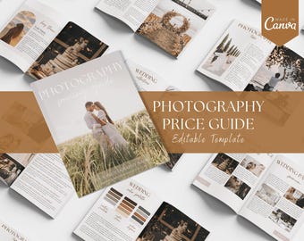 Pode incluir: Um modelo de guia de preços de fotografia com um esquema de cores marrom e branco. A capa apresenta um casal em um campo de grama alta. O texto "PHOTOGRAPHY pricing guide" está em uma fonte de letra branca. O texto "Editable Template" está em uma fonte sans-serif branca.