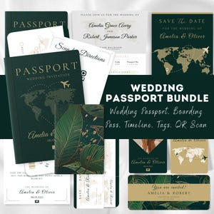Modelo de convite de casamento com passaporte | Destination Wedding | Convite de passaporte | Cartões de RSVP | Salve a data | Cronograma do casamento
